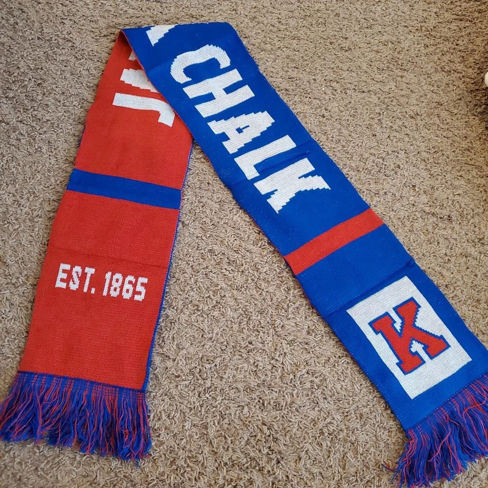 Kansas Jayhawks Ncaa Rock Chalk Red White Blue‎ Scarf Fringe Knit